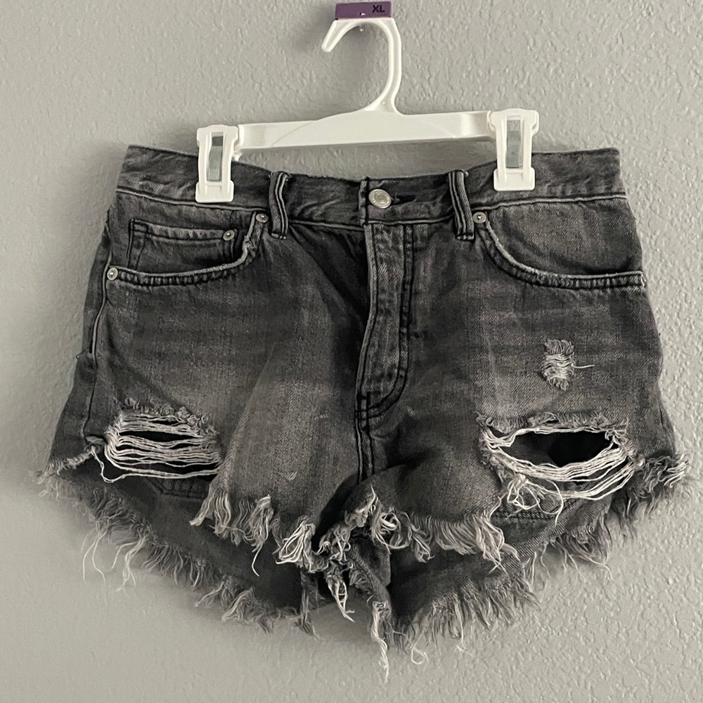 Free People Distressed Black Denim Shorts